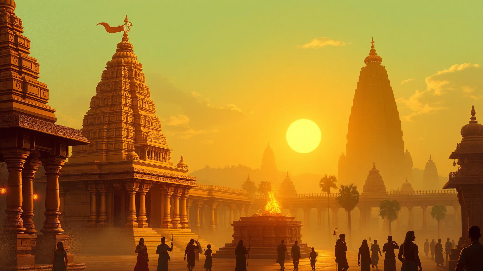 Ancient Tamil temples at sunrise